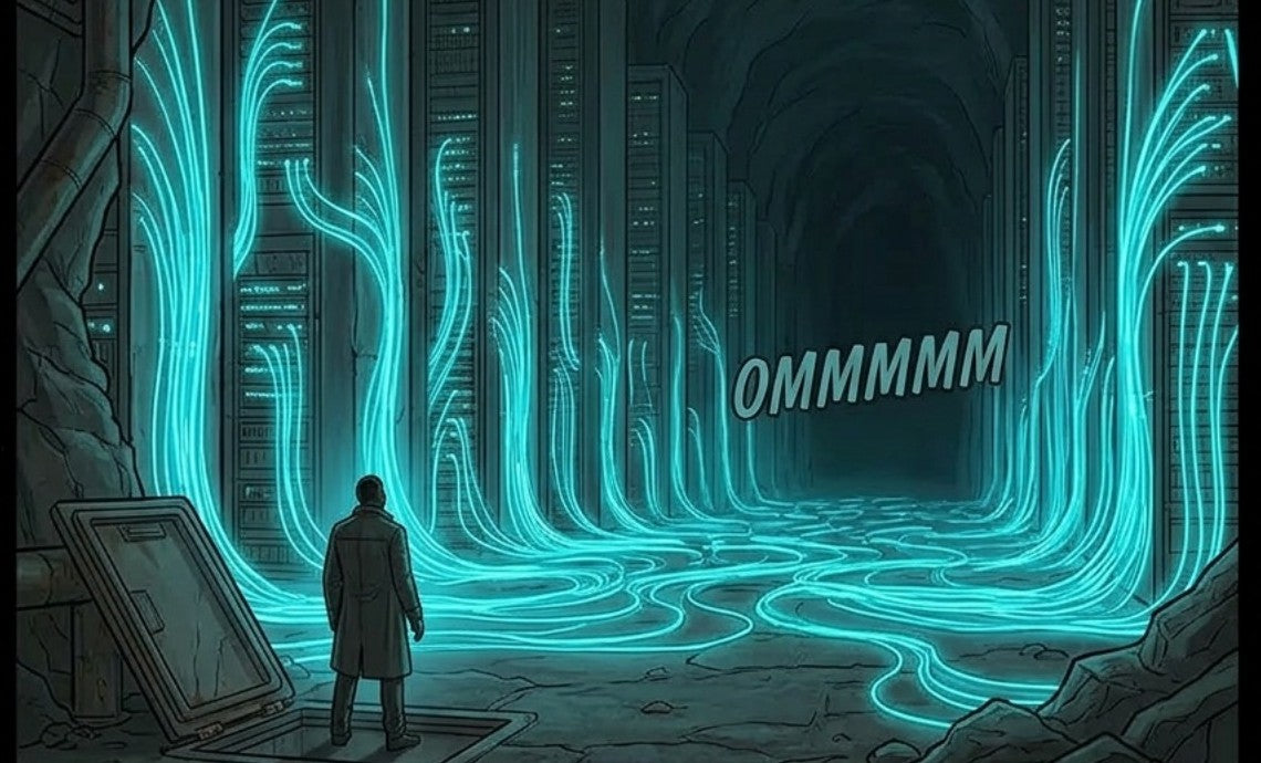 Interior page — the Cathedral of Memory flooded with rivers of cyan light