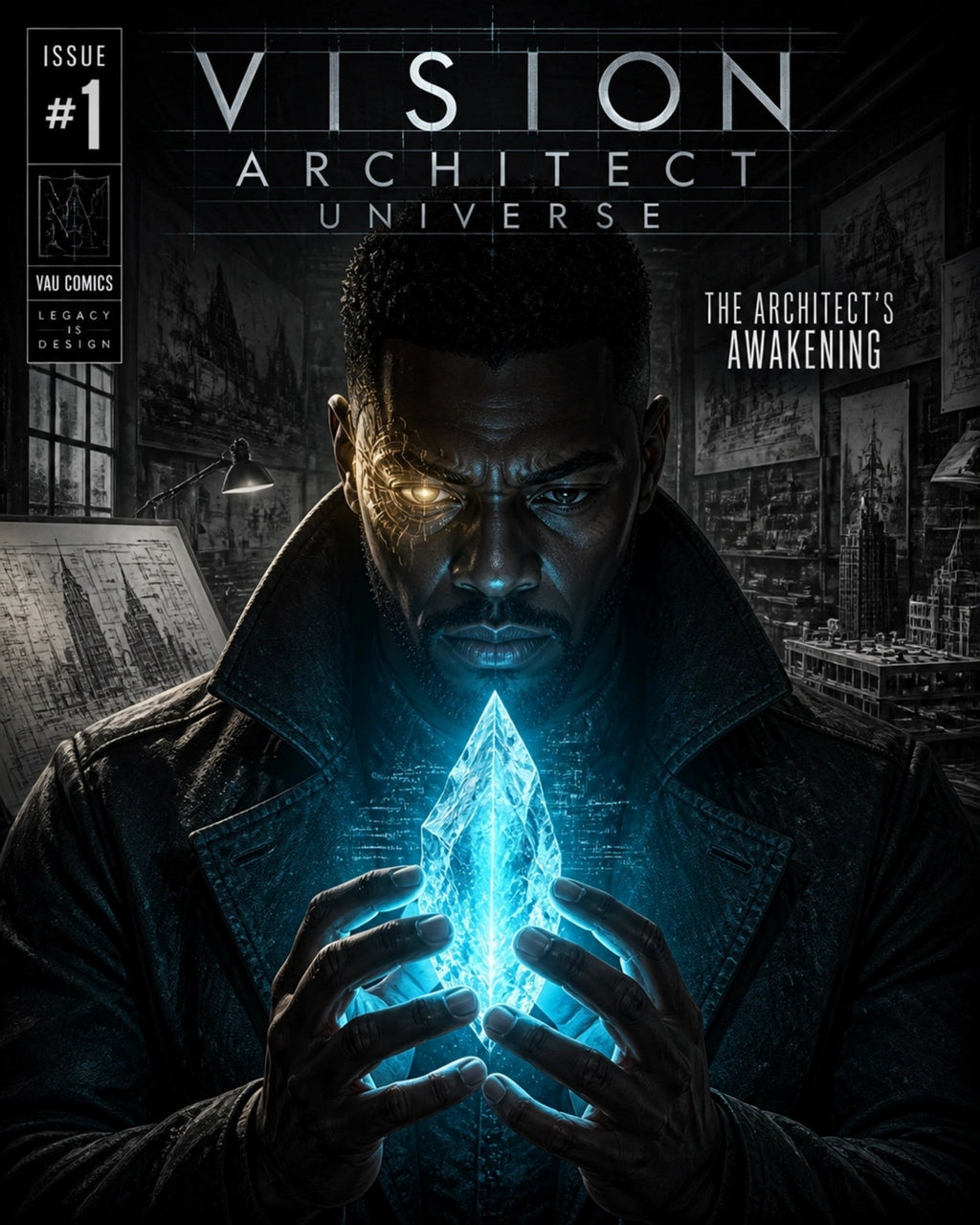 Vision Architect Universe Issue 1 cover — the Architect cradling the glowing cyan Legacy Shard in a room of blueprints