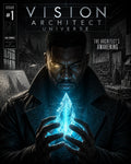Vision Architect Universe Issue 1 cover — the Architect cradling the glowing cyan Legacy Shard in a room of blueprints