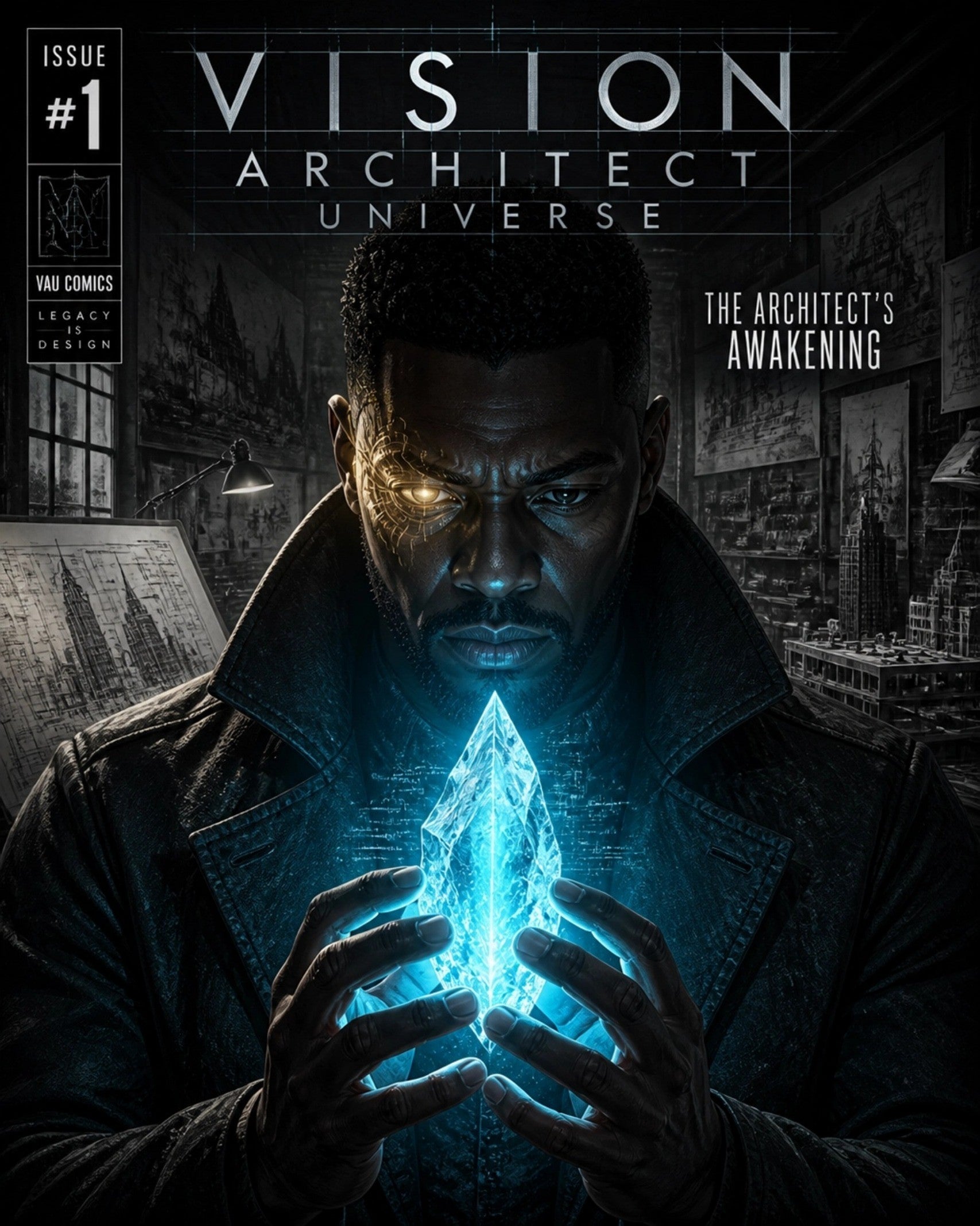 Vision Architect Universe Issue 1 cover — the Architect cradling the glowing cyan Legacy Shard in a room of blueprints