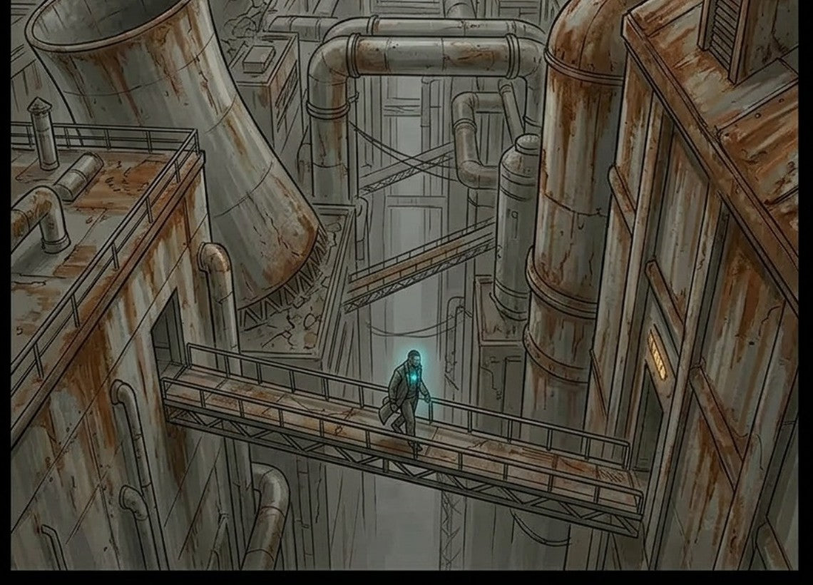 Interior page — a greyed, rusted industrial sector consumed by the Null