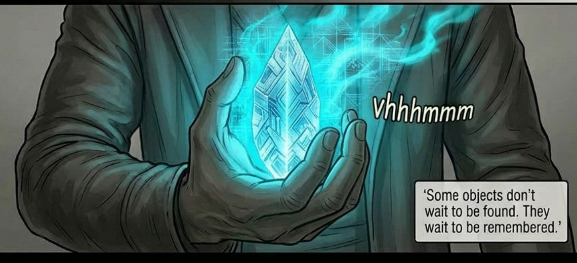 Interior page — a hand cradling the glowing Legacy Shard inside the Architect's Sanctum