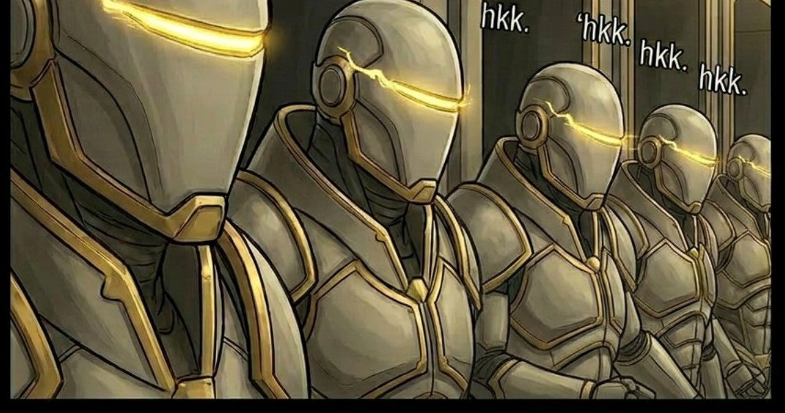 Interior page — ranks of gold-masked Silent Choir enforcers in formation